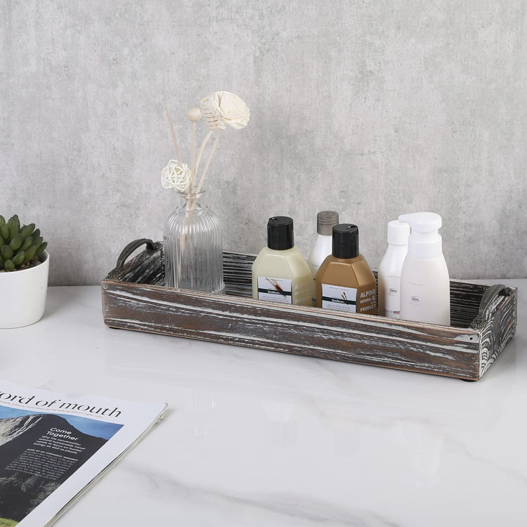 Torched Wood Rectangular Serving Tray with Vintage Handles, 16 x 5 Inches-MyGift