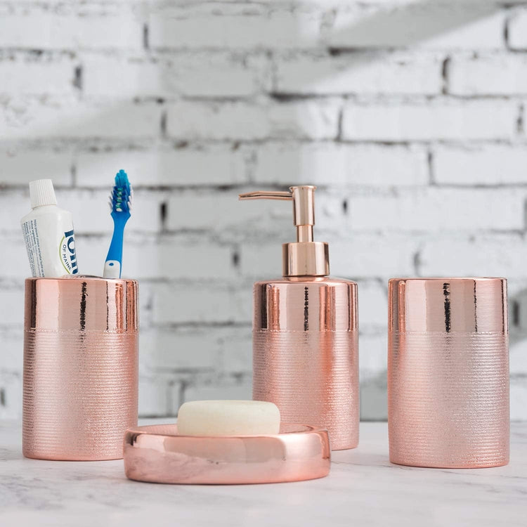 Rose Gold 4-Piece Textured Ceramic Bathroom Set with Soap Dish, Pump Dispenser, Toothbrush Holder & Tumbler-MyGift