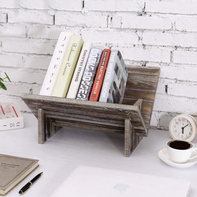 Torched Wood Tilted Desktop Organizer, Literature Display Bookshelf