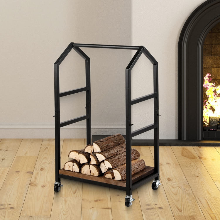 Industrial Firewood Cart in Burnt Wood and Black Metal Cottage Frame, Rolling Fire Log Lumber Holder Storage Trolley