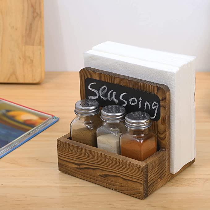Rustic Wood Napkin Holder with 3 Salt and Pepper Shaker Set, Seasoning Jar and Chalkboard Label