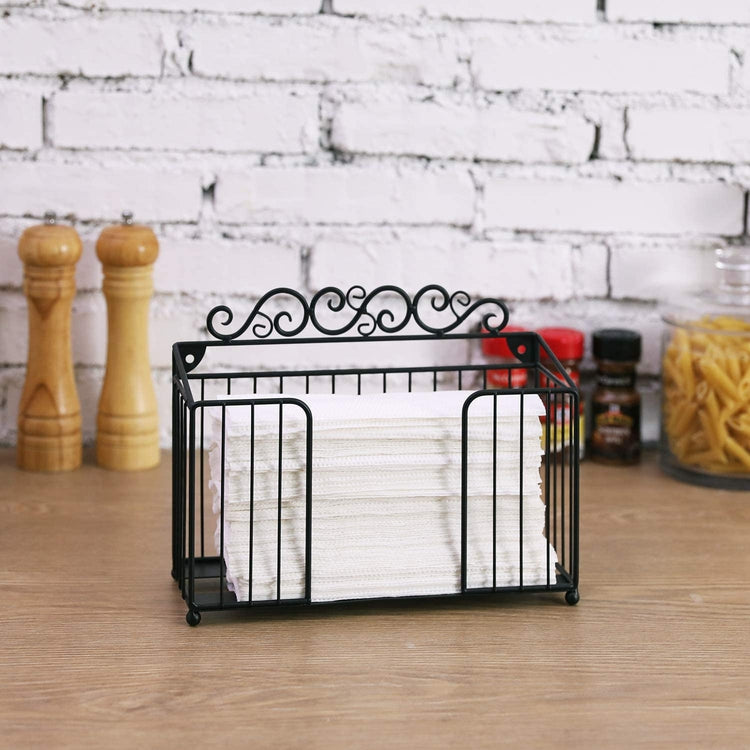 Scrollwork Decorative Black Metal Wall Mounted or Tabletop Commercial Folded Paper Towel Holder Dispenser Rack