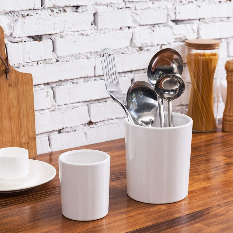 Set of 2 White Small & Large Ceramic Utensil Holder, Kitchen Crock-MyGift