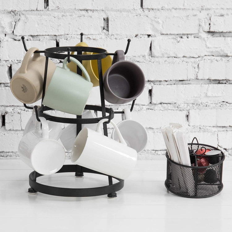 9-Hook Black Metal Coffee Mug Rack & Cup Stand with Utensil Bin and Removable Accessory Basket-MyGift