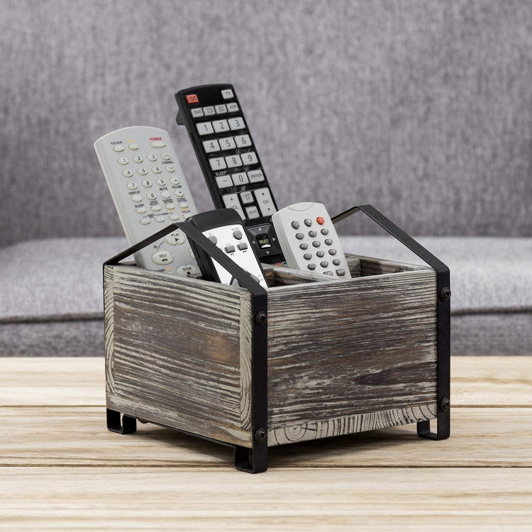 4-Slot Tabletop Torched Wood and Black Metal Remote Control Holder Caddy