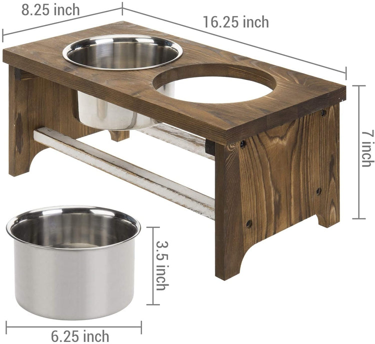 7 Inch Tall Burnt Wood Medium Dog Raised Feeder, Pet Food Stand with 2 Removable Stainless Steel Bowls-MyGift