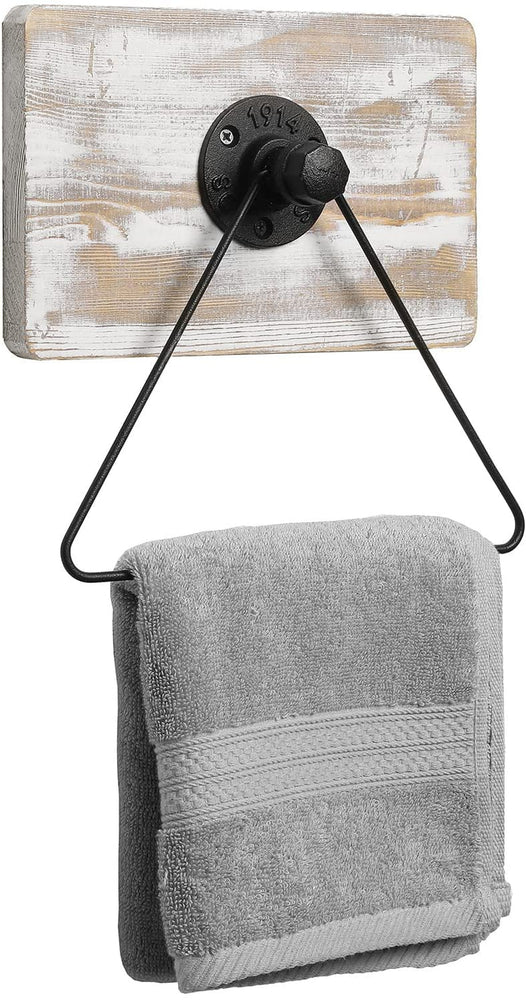 Burnt Brown Wood and Black Industrial Metal Pipe Triangular Hand Towel Holder Bathroom Wall Hanger Rack-MyGift
