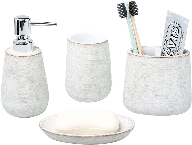 White Distressed Bathroom Accessories Set with Soap Dish, Tumbler, Toothbrush Holder and Pump Dispenser-MyGift