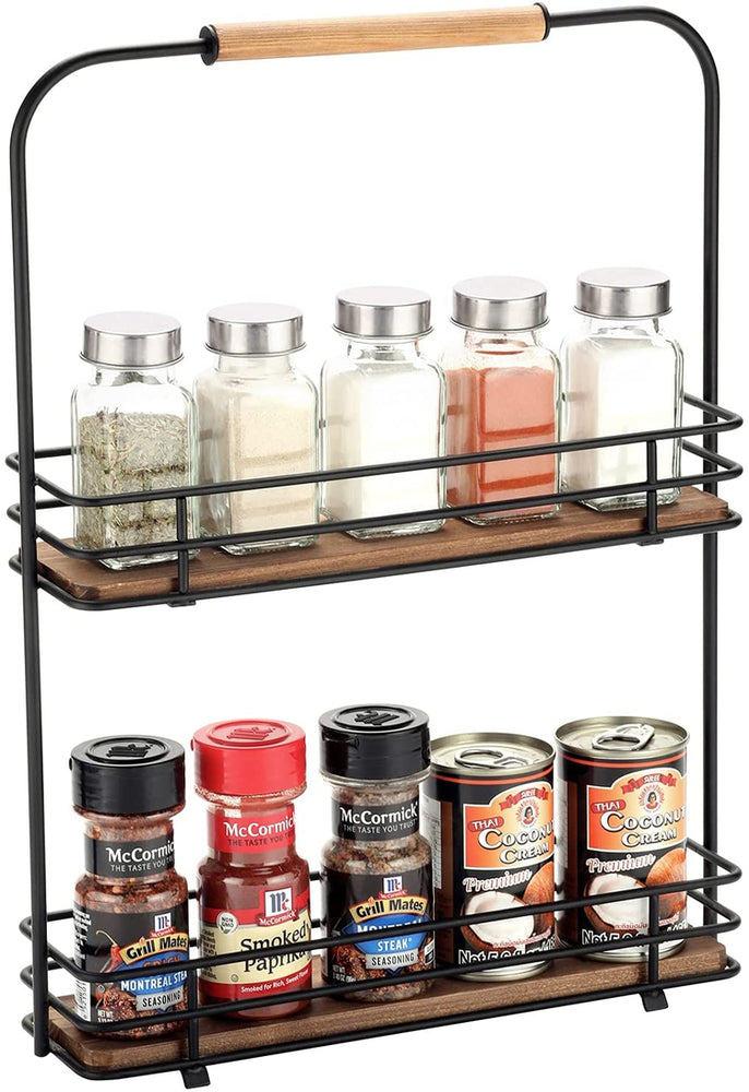Matte Black Metal Frame, 2-Tier Spice Jar Display Storage Rack with Burnt Wood Shelves and Handle-MyGift