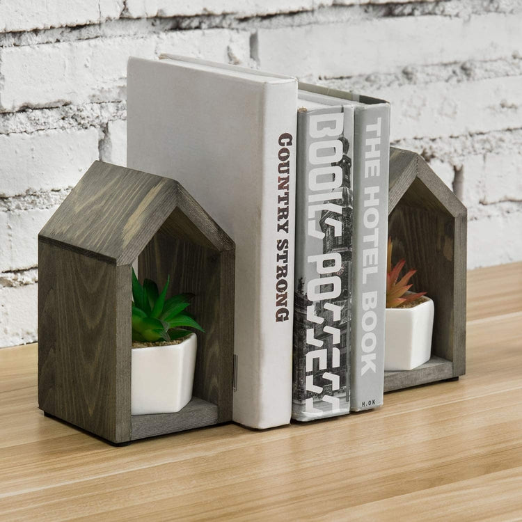 Set of 2 Vintage Gray Wood Open Design House Shaped Book Ends-MyGift