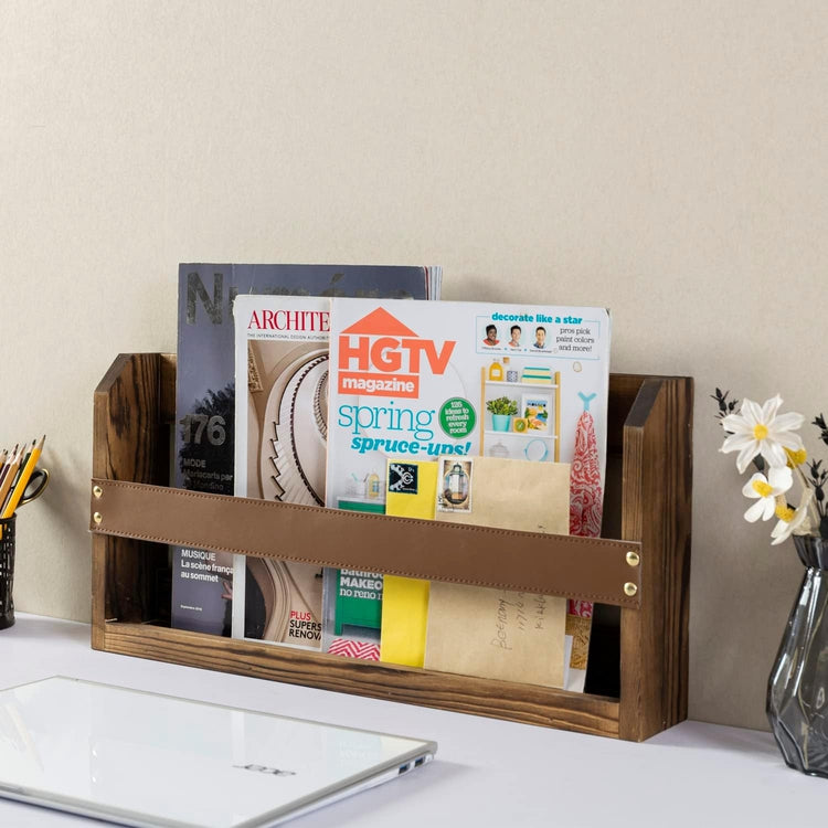 Wall Mounted Magazine Holder Burnt Wood Rack with Caramel Brown Leatherette Rail, Organizer Storage Rack-MyGift