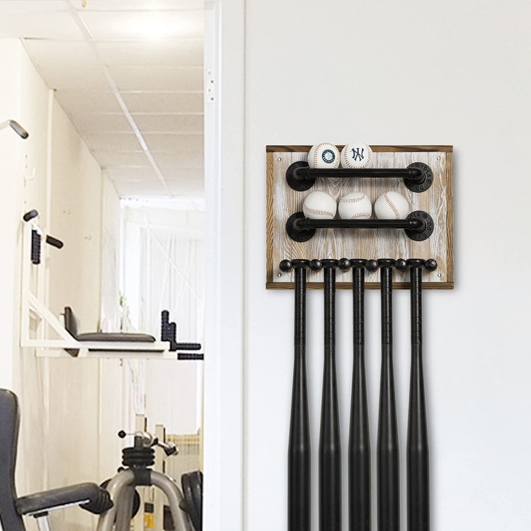 Whitewashed Wood Baseball Holder and Bat Rack with Black Industrial Metal Pipe, Wall Mounted Sports Equipment Holder
