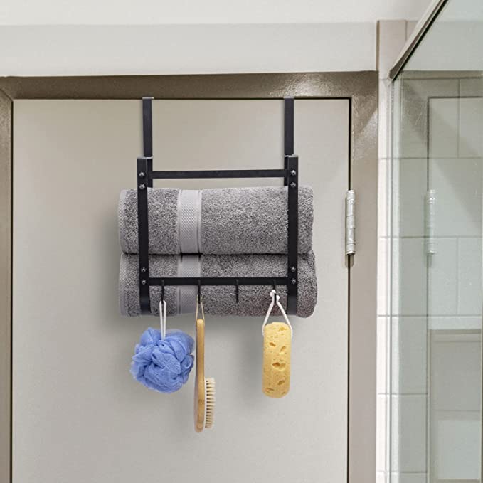 Black Metal Over The Door Rack, Bath Towel Hanging Storage Organizer with 4 Hooks