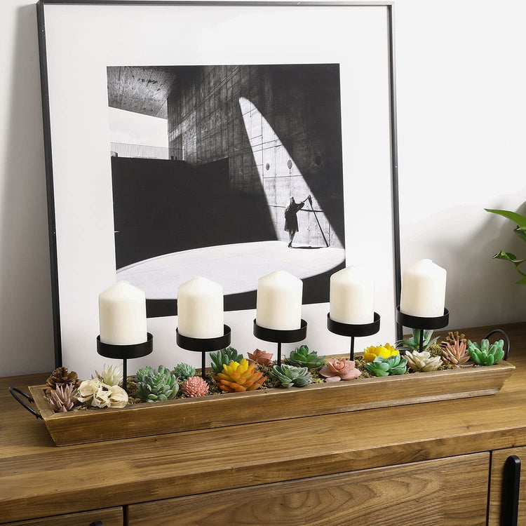 5-Pillar Black Metal Tabletop Candle Holder in Rustic Wood Tray with Handles-MyGift