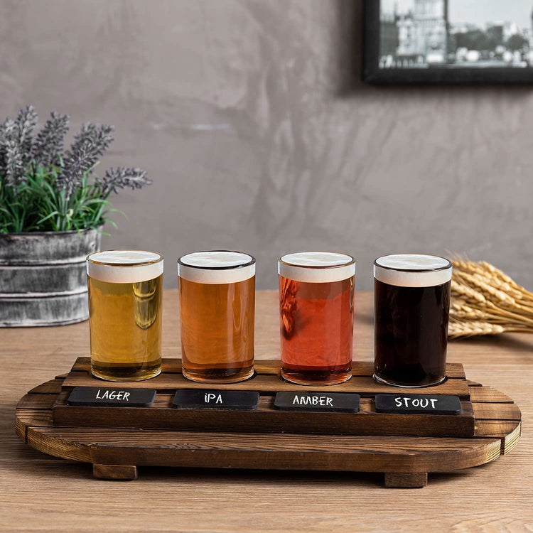 MyGift Dark Brown Slatted Wood Beer Flight Tasting Sampler Tray with 4 Glass Cups and Mini Chalkboards