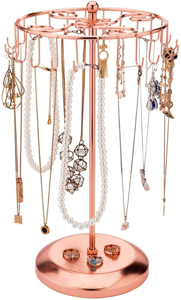14-Inch Copper Scrollwork Necklace Holder Rack with Rotating Carousel and 24 Hooks-MyGift
