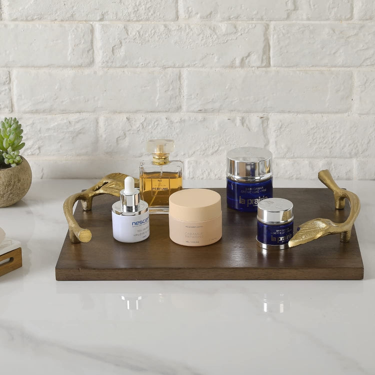 Wooden Serving Tray, Mango Wood Tray with Elegant Gold Leaf Metal Handle Decorative Coffee Table Display Platter