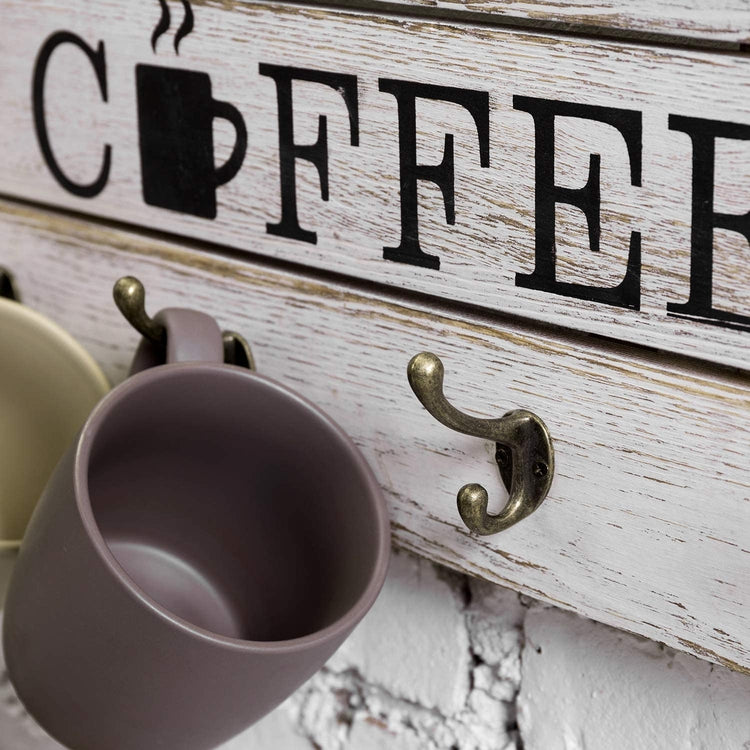 8-Hook But First Coffee Whitewashed Wood Mug Storage Rack, Wall Mounted Decorative Sign-MyGift