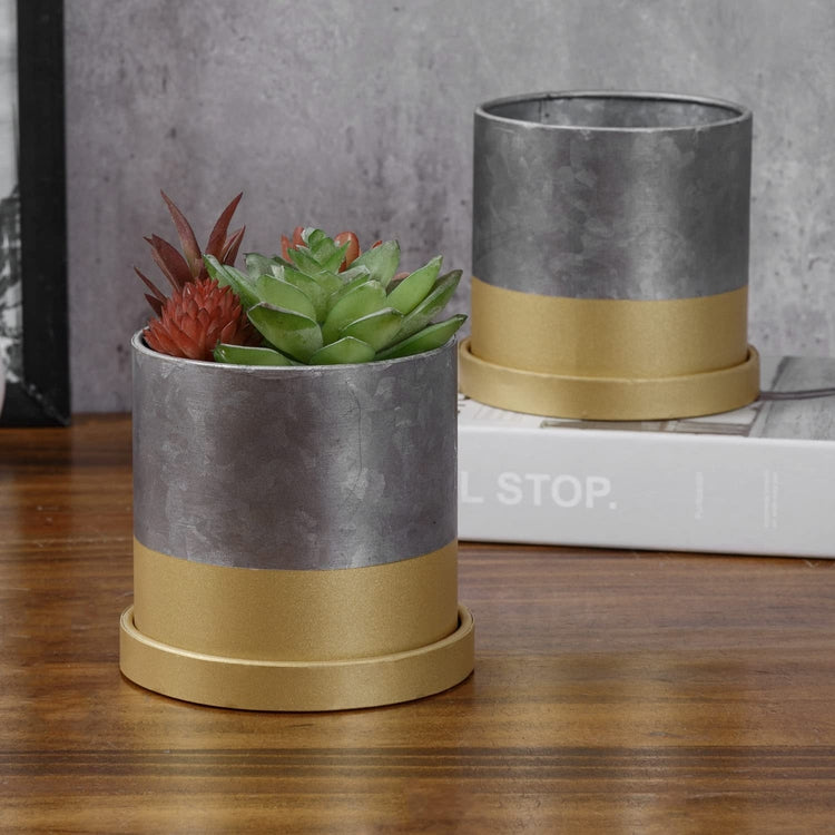 4-inch Cylindrical Galvanized Metal and Gold-Tone Mini Succulent Planter Pots with Trays, Set of 2