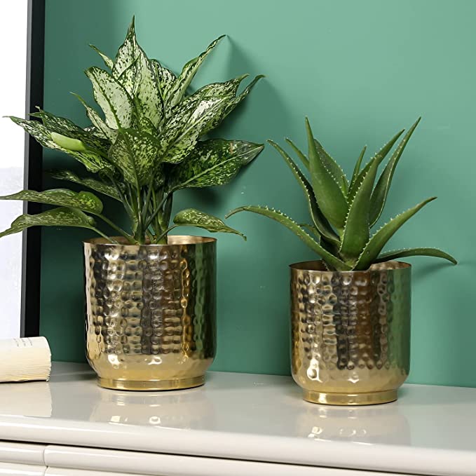 Set of 2 Hammered Brass-Tone Metal Planter Pot Indoor Plant Container, 6-Inch and 5-inch-MyGift