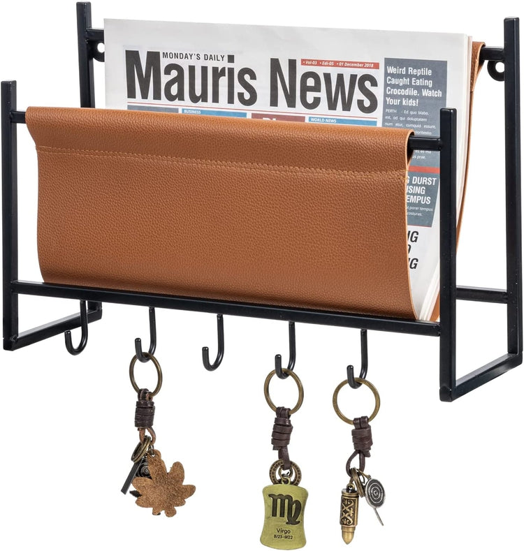 Industrial Black Metal Hanging Magazine Rack with Leatherette Sling, Wall Mounted Entryway Mail Holder and Key Hanger