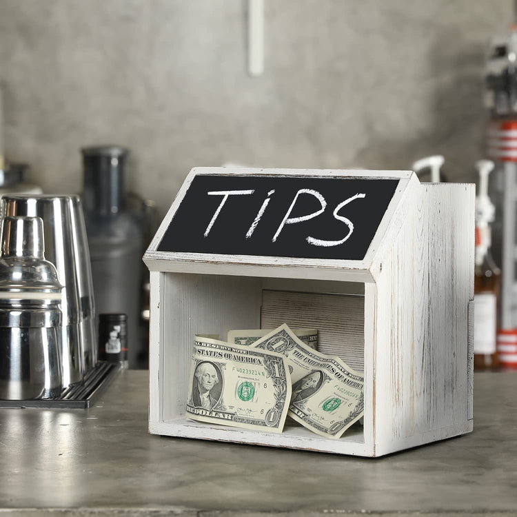 Rustic Whitewashed Wood Donation Collector, Tip Box with Chalkboard, Lock and Key-MyGift