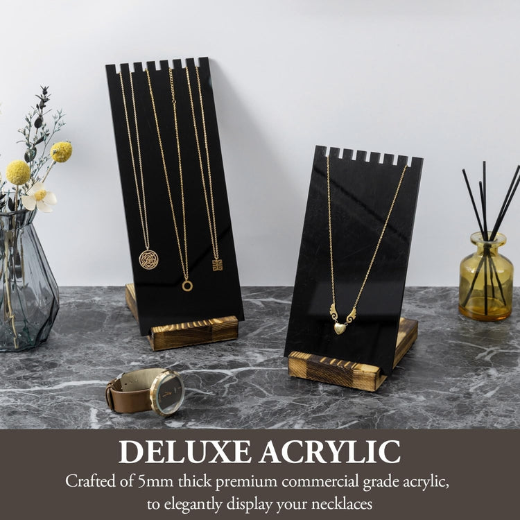 Black Acrylic Necklace Holder with Detachable Panel and Burnt Wood
