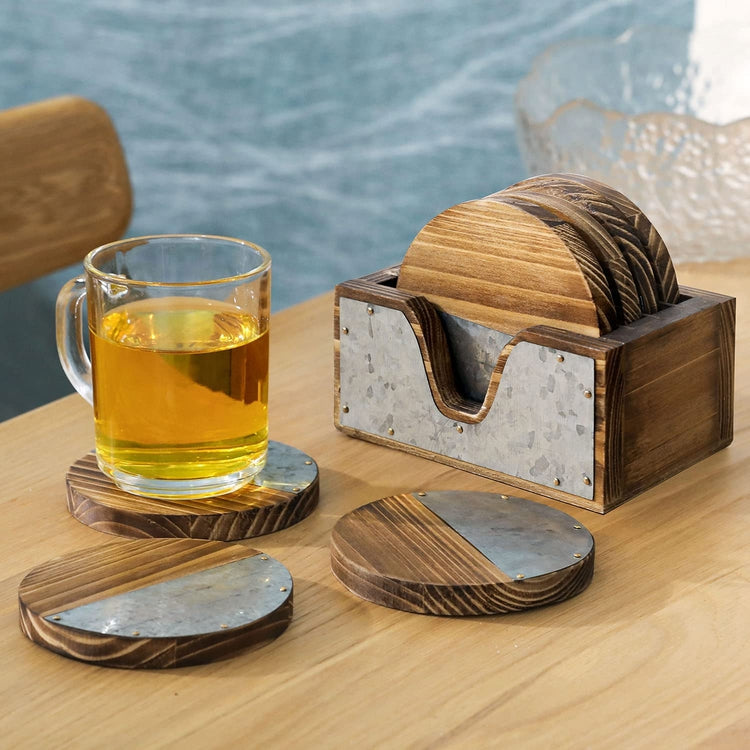 Set of 4, Burnt Wood and Galvanized Round Metal Rustic Farmhouse Coaster with Holder-MyGift