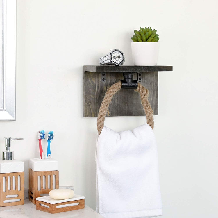 Gray Wood & Industrial Black Pipe Rope Hand Towel Ring w/ Shelf-MyGift