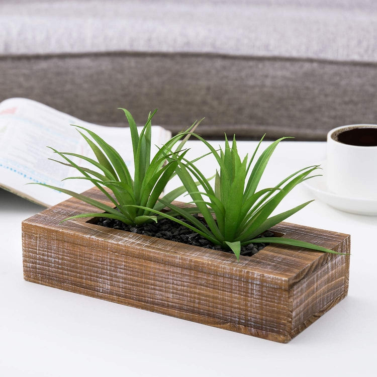 10-inch Artificial Green Grass Plants in Brown Wood Rectangular Planter Pot-MyGift