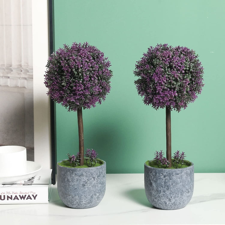 12 inch Artificial Purple Boxwood Topiary Trees, Tabletop Decorative Faux Plants with Gray Plastic Pots, Set of 2