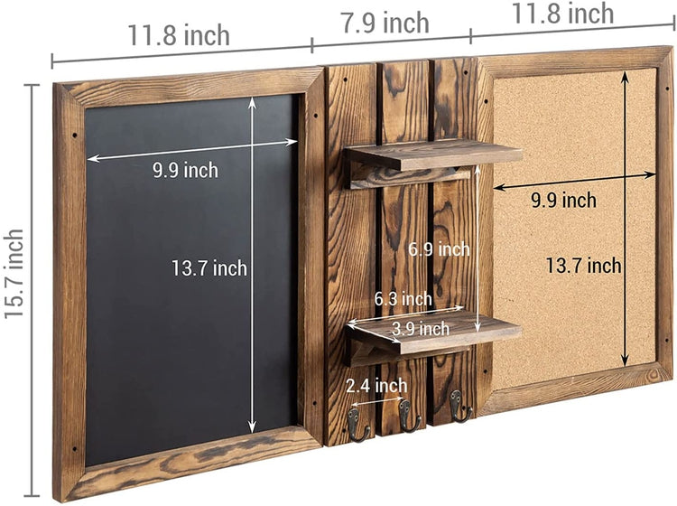 Wall Mounted Entryway Bulletin Board Combo Set with Burnt Wood Frame, Chalkboard, Cork Board, 2 Storage Shelves-MyGift