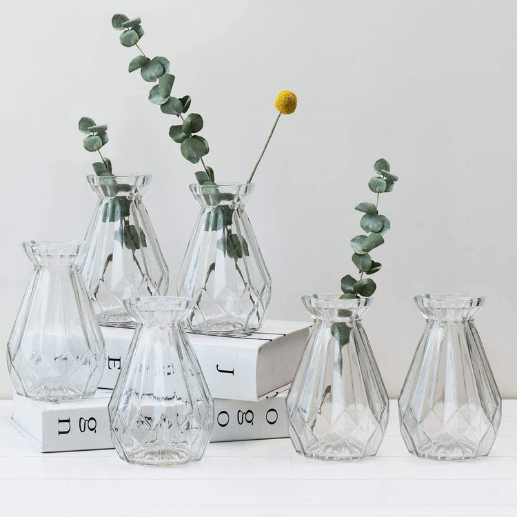 5-inch Clear Glass Diamond-Faceted Flower Vases, Set of 6