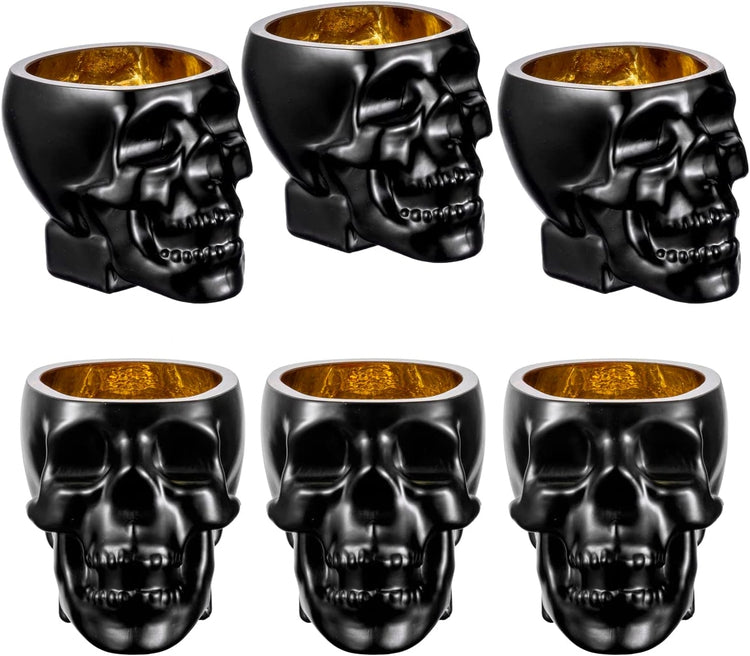 Set of 6, Skull Shaped Shot Glasses in Matte Black and Gold Tone, Spooky Halloween Skeleton Face Liquor Shooter Glass-MyGift