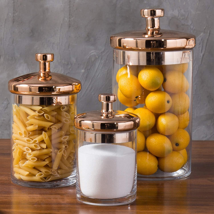 Clear Glass & Copper-Toned Metallic Kitchen & Bathroom Storage Containers Terrarium Jars, Set of 3