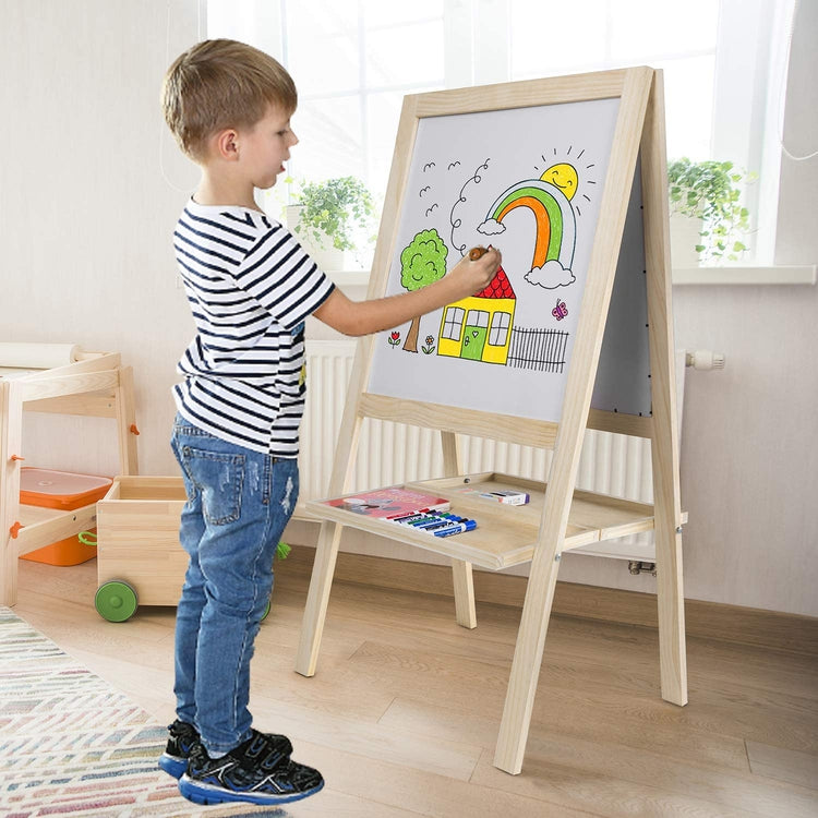 Beige, Double-Sided Chalkboard & Whiteboard Combo Children's Freestanding Wood Easel-MyGift