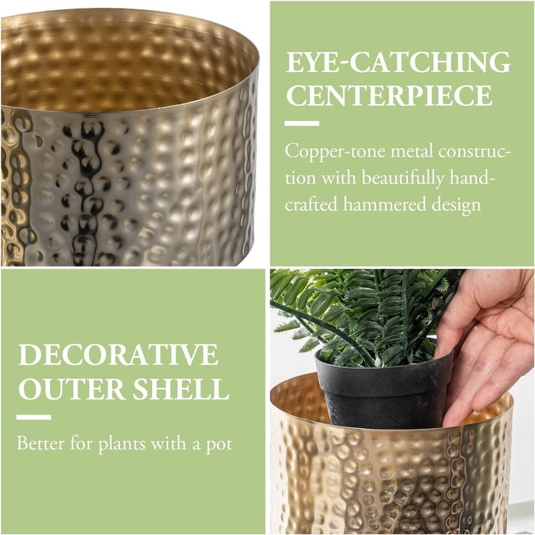 Hammered Brass Tone Metal Planter Pots, Decorative Flower Pot Plant Container Centerpiece-MyGift