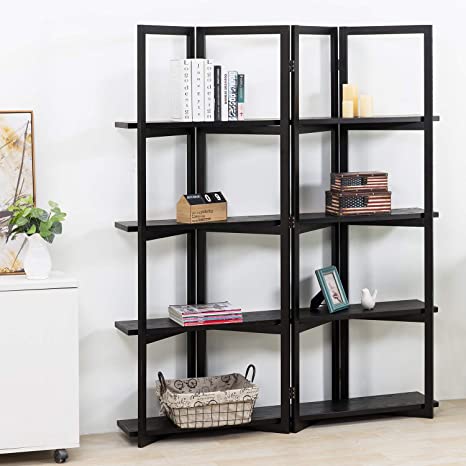 4 Tier Black Display Shelf Rack, 4 Panel Wood Room Divider with 4 Shelves