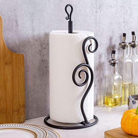 Matte Black Metal Kitchen Paper Towel Holder Dispenser Rack with Vintage Scrollwork Design-MyGift