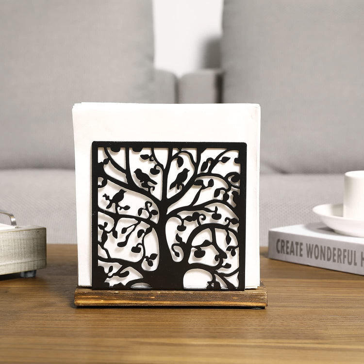 Black Metal Tree and Bird Cutout Design Upright Tabletop Napkin Holder with Burnt Wood Base