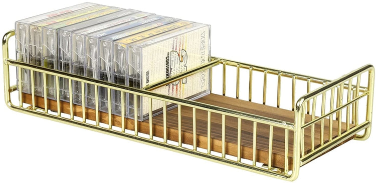 Retro Cassette Tape Storage Rack with Brass Tone Metal Wire Frame and Burnt Wood Base-MyGift