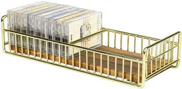 Retro Cassette Tape Storage Rack with Brass Tone Metal Wire Frame and Burnt Wood Base-MyGift