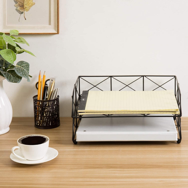 2-Tier Geometric Design Black Metal Wire Stacked Desktop Letter File Document Tray