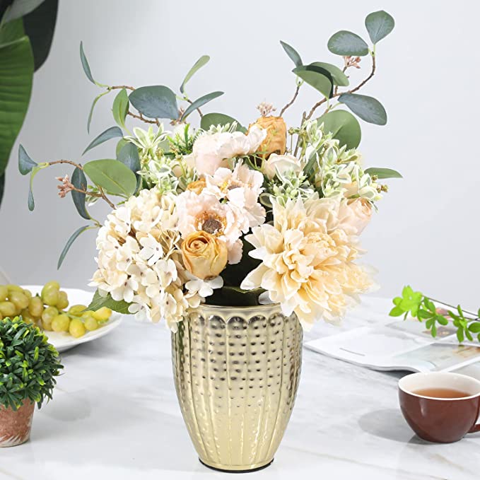 Set of 2 Art Deco Style Hammered Brass Tone Metal Round Flower Vases/Planter Pots-MyGift