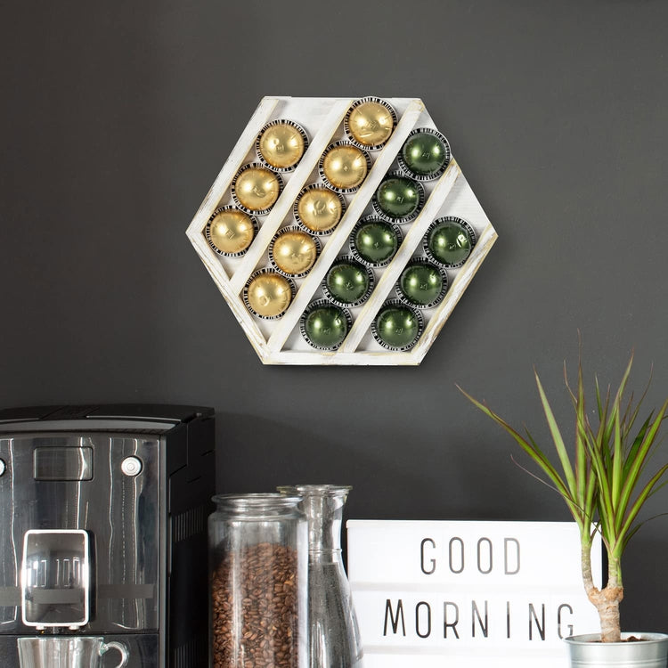 Wall Mounted Coffee Pod Organizer, Whitewashed Wood Hexagonal Coffee Capsules Holder Storage Rack