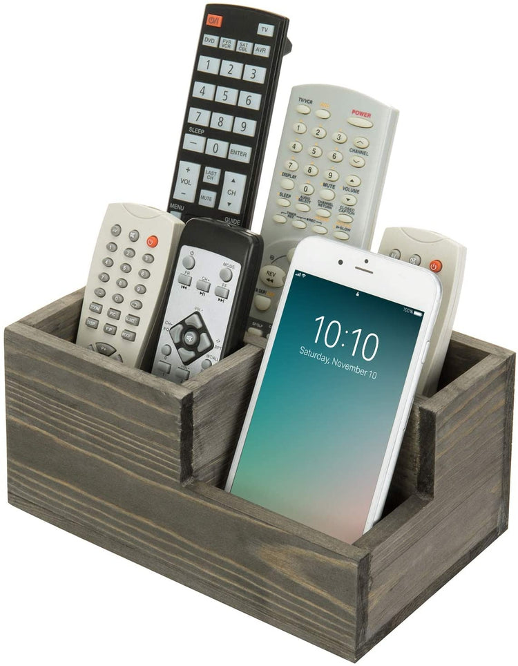 Vintage Gray Wood Office Desktop or Media Remote Control Organizer with 3-Compartments-MyGift