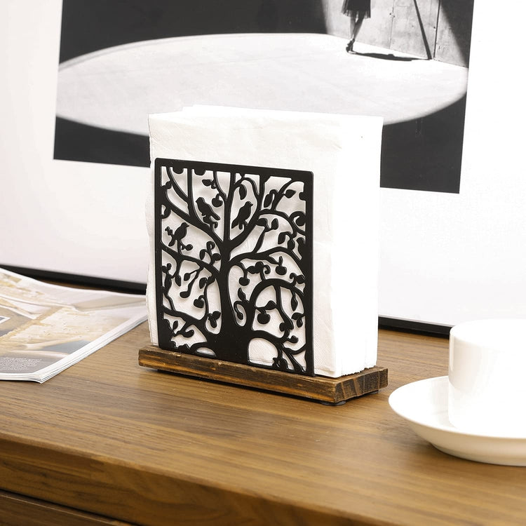 Black Metal Tree and Bird Cutout Design Upright Tabletop Napkin Holder with Burnt Wood Base-MyGift