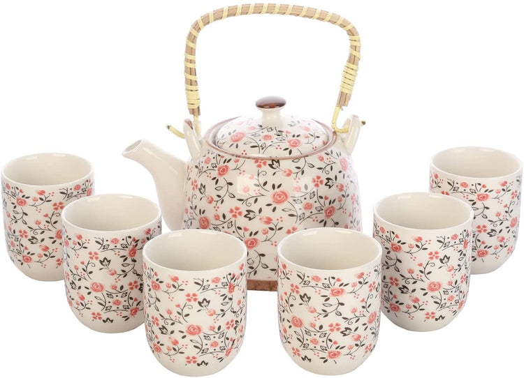 Japanese Ceramic Tea Service Set Pink Rose Pattern Design, Teapot with Bamboo Top Handle, Tea Leaf Strainer, 6 Teacups-MyGift