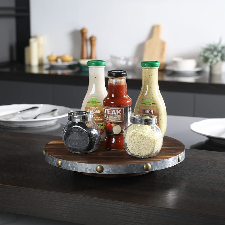 Round Rotating Serving Tray, Burnt Wood and Galvanized Metal Lazy Susan Turntable with Brass Tone Studs