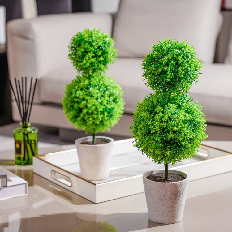 Artificial Boxwood Topiary Trees, Decorative Faux Indoor Plants in Gray Paper Pulp Planter Pots-MyGift